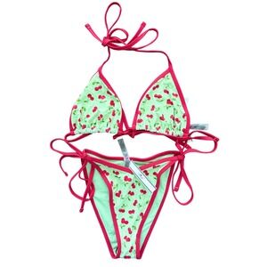 Victoria's Secret PINK x Frankies Bikinis Cherry Print Bikini Set Green Red L